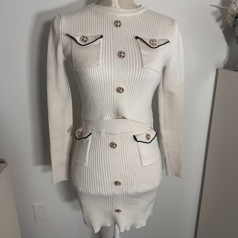 Gorgeous white knit two piece set with gold buttons